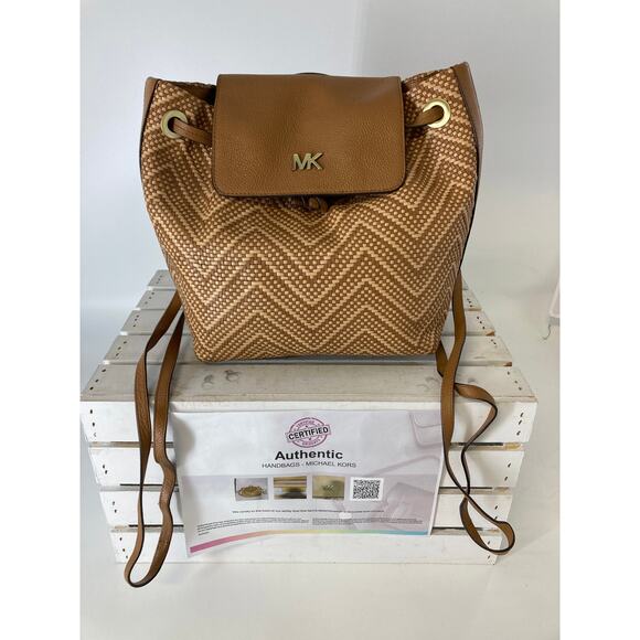 MICHAEL KORS WOVEN LEATHER BASKET WEAVE BROWN, TAN BACKPACK - Picture 1 of 15